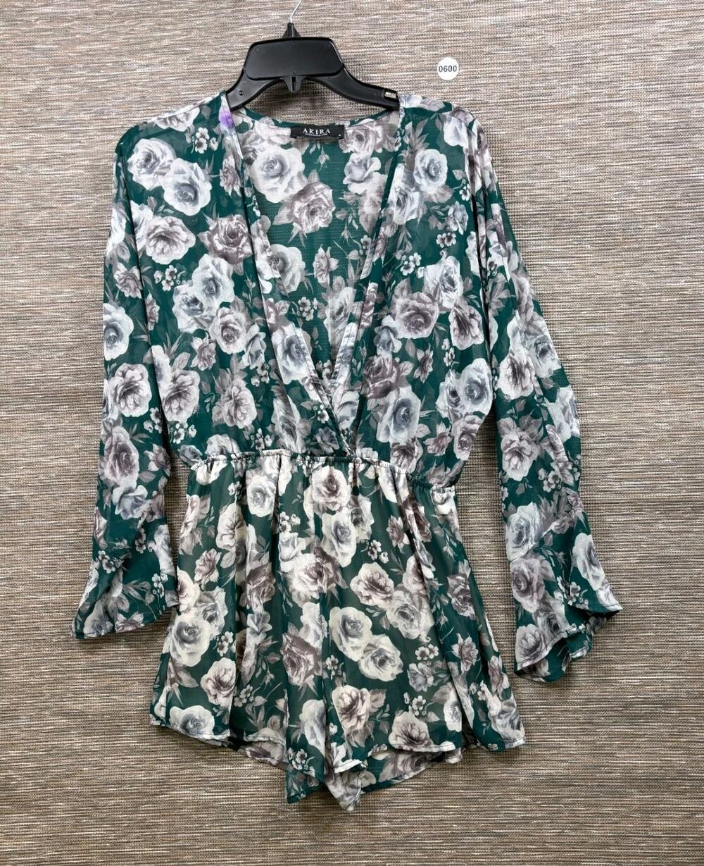 Akira Sheer Floral Romper Womens Size M Green Long Bell Sleeve V-Neck